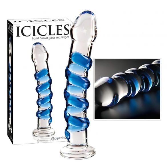 Dildo in Vetro Icicles No. 5 con Spirale Blu Azzurro Trasparente 