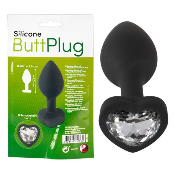 Plug Anale con Gioiello Bianco - Dildo Anale Cuore in Silicone (Nero) 