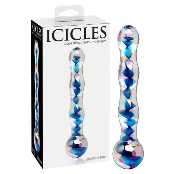 Dildo in Vetro Icicles No. 08 - Ondulato, Bicolore, Trasparente e Blu 