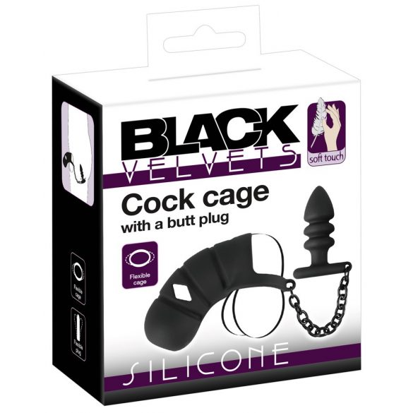 Gabbia per pene in silicone Black Velvet con dildo anale (nero) 