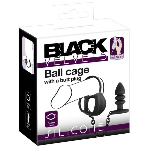 Gabbia per testicoli in silicone con dildo anale Black Velvet (nero) 