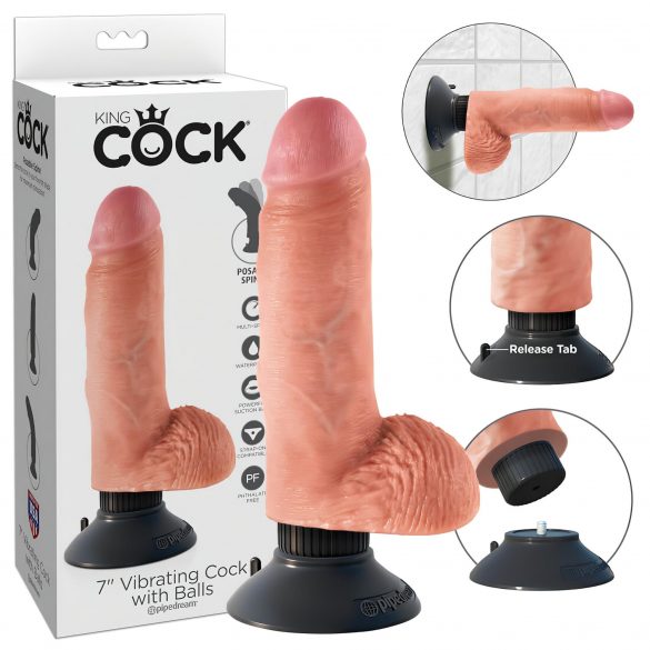 Vibratore Realistico King Cock con Testicoli e Ventosa Flessibile (18 cm) - Color Carne 