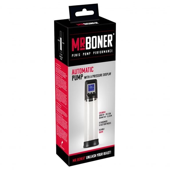 Pompa per Pene Automatica Mister Boner con Display Digitale e Batteria Integrata (Trasparente-Nera) 