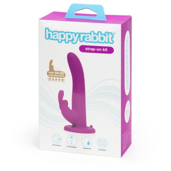 Vibratore Strap-On Happyrabbit - con stimolatore clitorideo a forma di coniglio (viola)