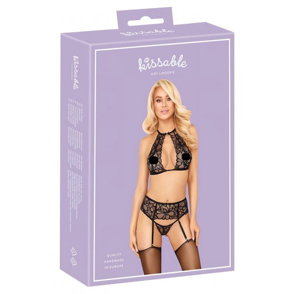 Set Intimo Incantevole con Reggiseno a Collare in Pizzo (Nero) 