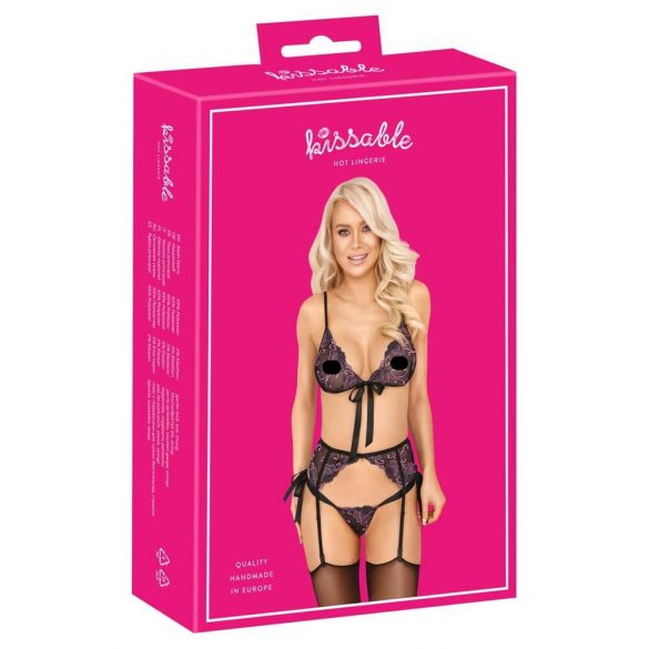 Set Intimo Ricamato Rosa e Viola "Kissable" (Nero)  - L/XL