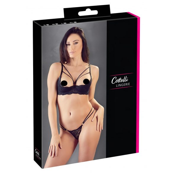 Set Intimo Sollevamento Seno con Laccetti e Anelli in Pizzo di Cottelli (Nero)  - 75C/S