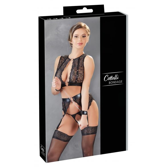 Set di Lingerie Bondage in Pizzo e Strisce Lucide con Borchie e Polsiere (4 pezzi) 