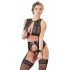 Set di Lingerie Bondage in Pizzo e Strisce Lucide con Borchie e Polsiere (4 pezzi) 