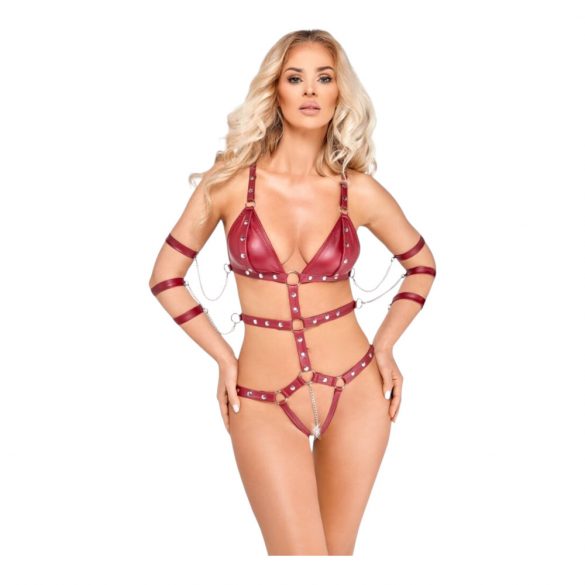 Body bondage rosso con borchie e catenine decorative 