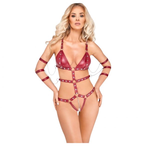 Body bondage rosso con borchie e catenine decorative 