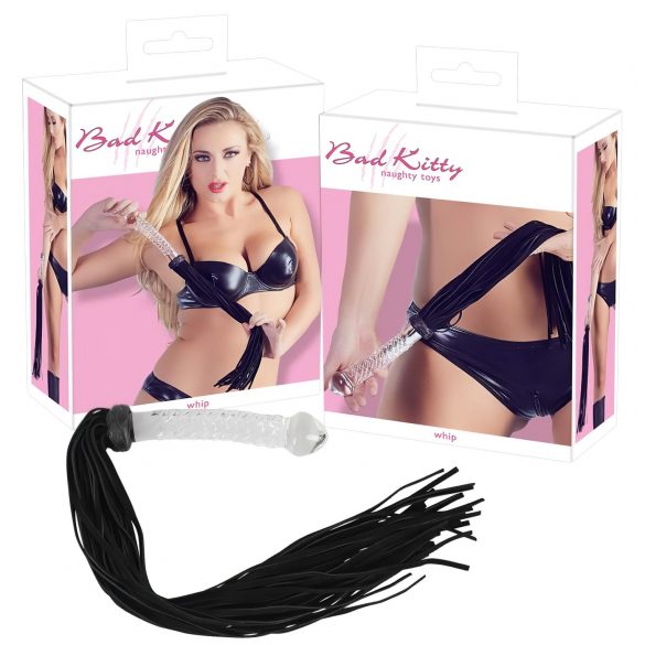 Bad Kitty - frusta in pelle con dildo in vetro (trasparente-nero)