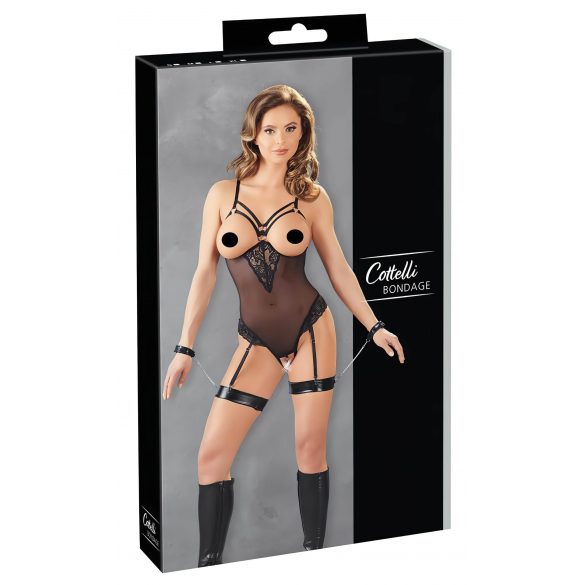 Cottelli Bondage - body con anelli in metallo e manette (nero)