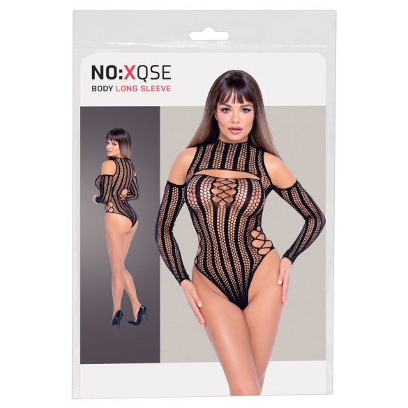 Body a rete in maglia a manica lunga con laccetti decorativi - nero (S-L) 