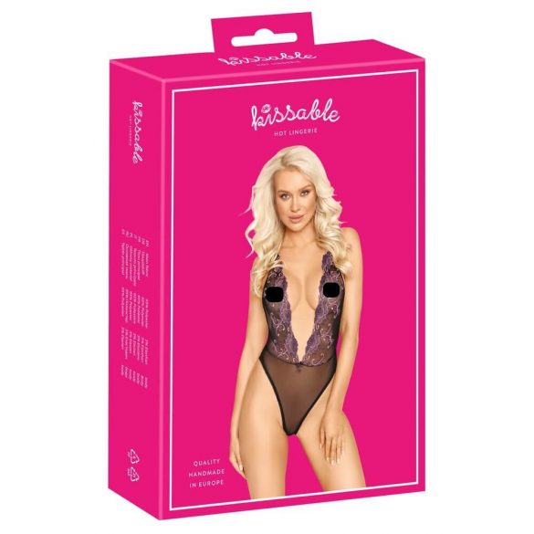 Body Nero Trasparente con Ricamo Rosa - Kissable  - L/XL