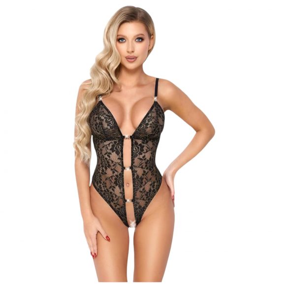 Abierta Fina - Body aperto in pizzo con strass (nero-oro)