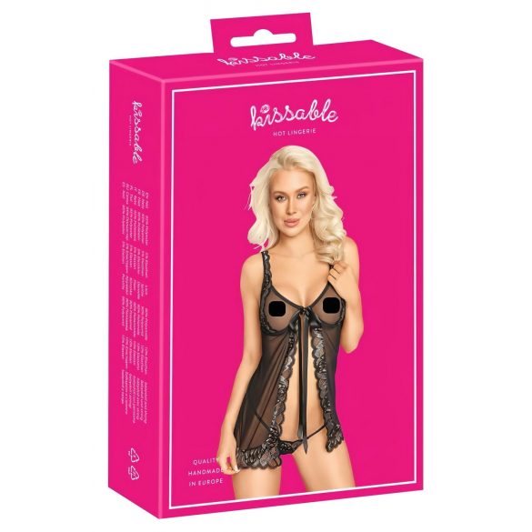 Babydoll Apribile con Fiocco e Perizoma (Nero) 