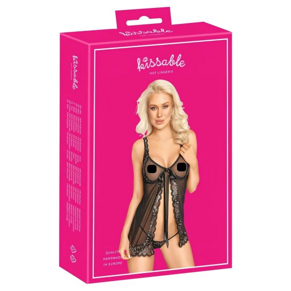 Babydoll Apribile con Fiocco e Perizoma (Nero) 