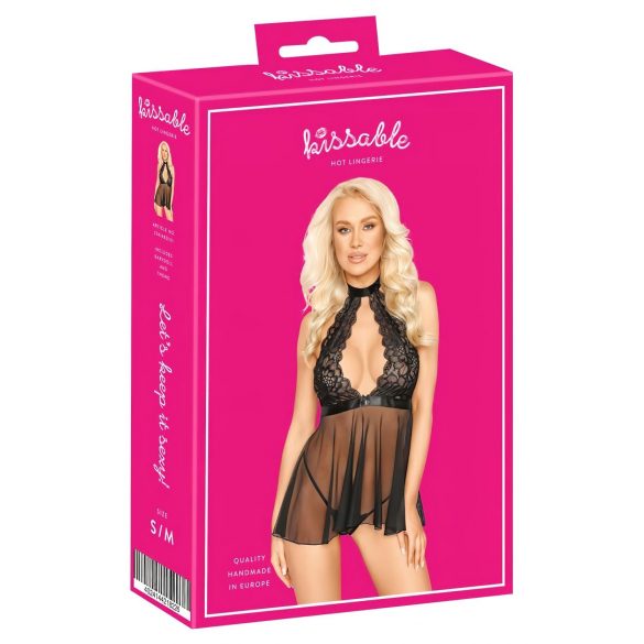 Babydoll Con Collare e Pizzo Baciabile (Nero) con Perizoma  - L/XL