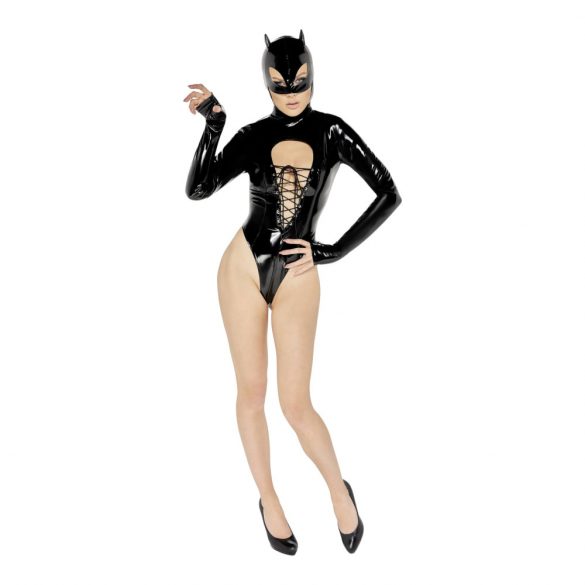 Body Lucido Nero con Maniche Lunghe e Decorazione a Corsetto - Maschera Batwoman Inclusa 