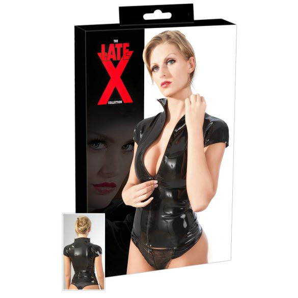 Top da donna in latex con cerniera e maniche corte (nero) 