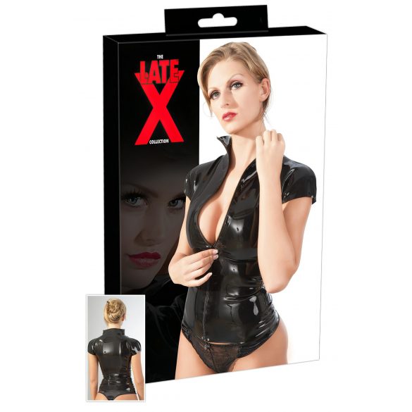 Top da donna in latex con cerniera e maniche corte (nero)  - S