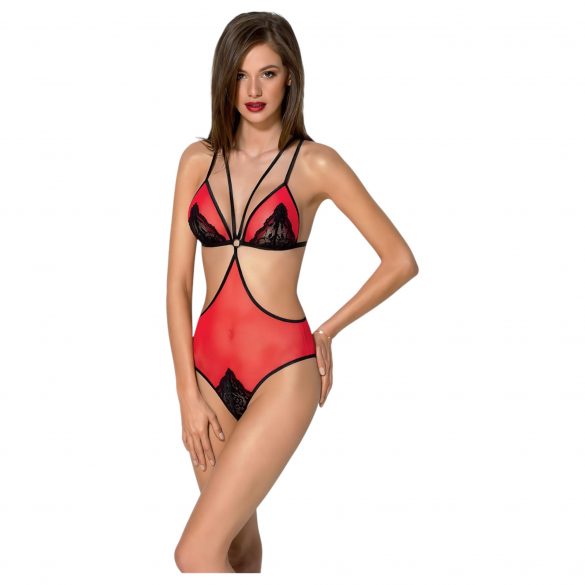 Bodysuit Seduzione Peonia - Taglio Laterale (Rosso-Nero) 