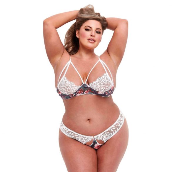 Set Intimo Plus Size con Reggiseno in Pizzo Floreale e Perizoma Aperto Sul Retro 